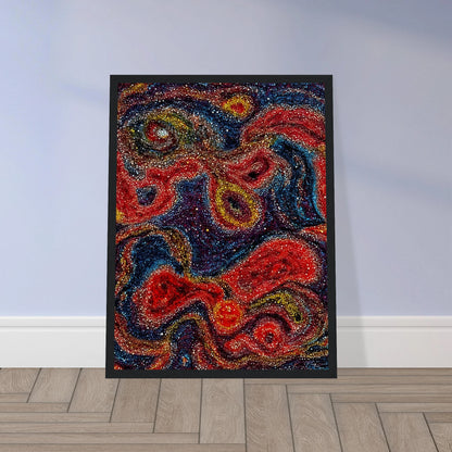 Swirling red, blue, and gold forms shimmer through dotted textures, evoking a radiant cosmic dance of color and energy.