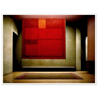 A moody interior featuring a large red abstract painting suspended in a dimly lit space, with soft shadows and warm earthy tones creating a contemplative atmosphere.