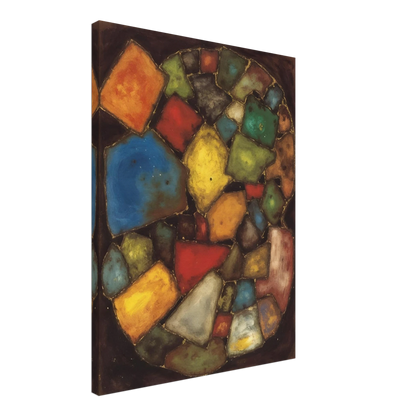 An abstract painting composed of colorful geometric shapes resembling polished stones or stained-glass fragments arranged within an oval composition against a dark background.