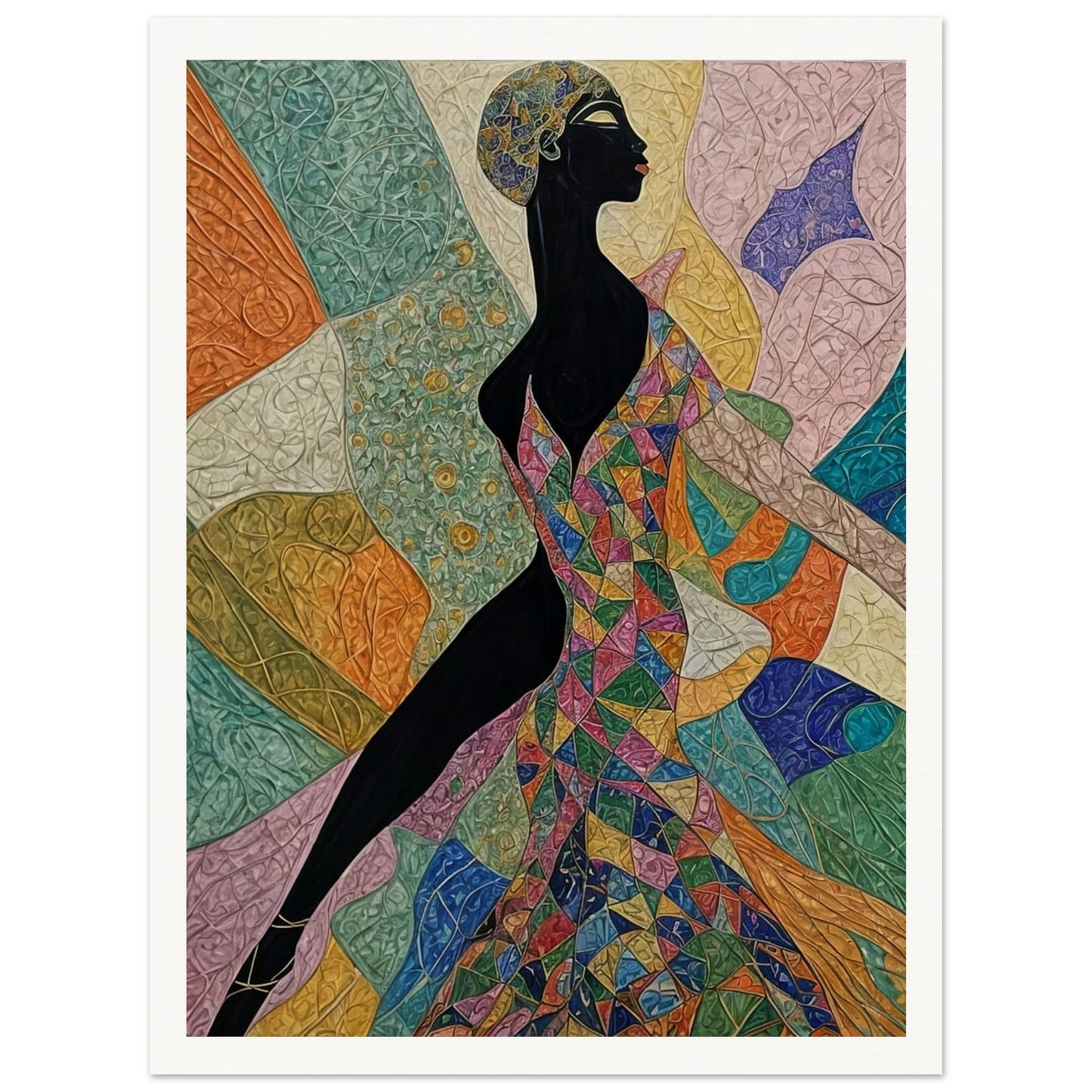 "A dynamic painting featuring a woman in a bold, geometric dress full of colors, poised in elegant motion, set against a vibrant abstract background."