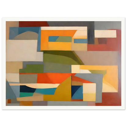 A geometric abstract painting with overlapping shapes in earthy tones of orange, yellow, green, blue, and beige, creating a harmonious composition.