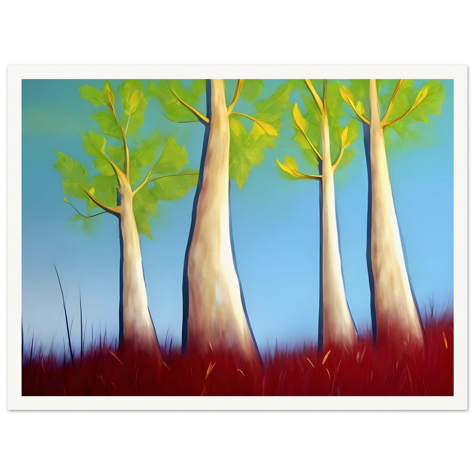 A surreal landscape with tall, slender trees reaching towards a bright blue sky, surrounded by deep red grass and vibrant green leaves.