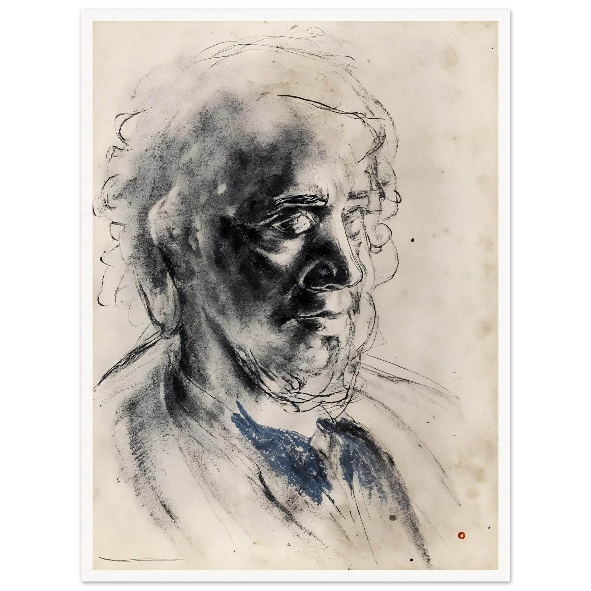 Charcoal portrait of an elderly man with deep shadows, loose lines, and a muted blue collar.