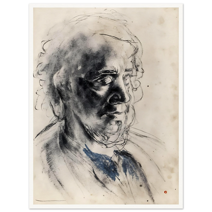 Charcoal portrait of an elderly man with deep shadows, loose lines, and a muted blue collar.