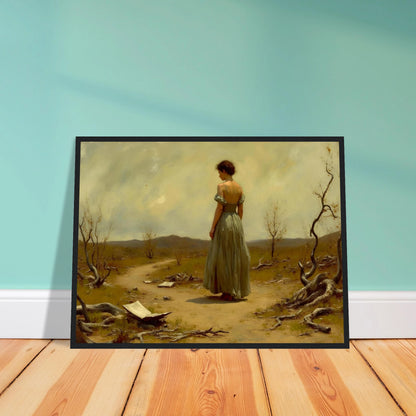 A woman in a flowing dress walks along a desolate path scattered with paper and twisted trees beneath a muted sky.