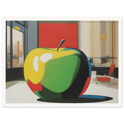 Modern artwork depicting a vibrant, oversized apple in a contemporary room with cityscape views and bold geometric shapes.