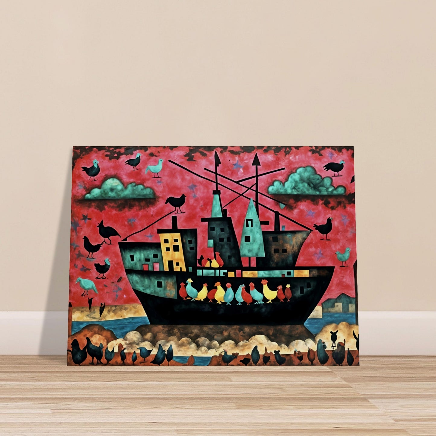 A surreal ship filled with colorful birds sails under a red sky, with more birds flying and perching around, creating a whimsical scene.