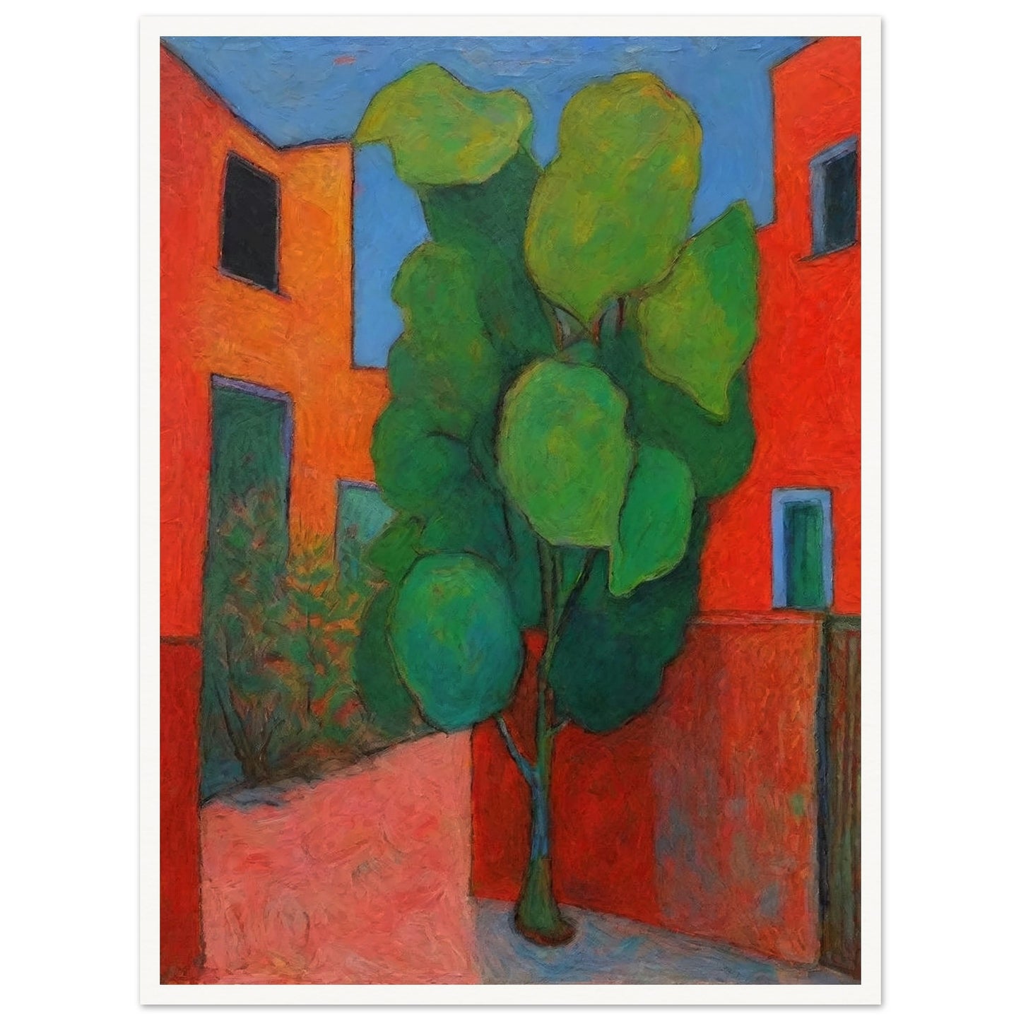 A vibrant painting depicting a green tree in the courtyard of red buildings. The bold colors and abstract style create a lively and dynamic urban scene.