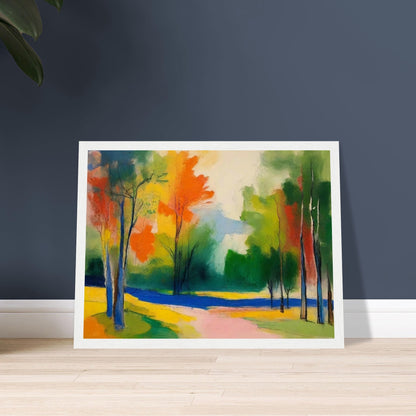 A colorful abstract painting of an autumn landscape, featuring vibrant orange, yellow, green, and blue hues. Trees with slender trunks are scattered throughout the scene, and a winding path leads through the colorful foliage.