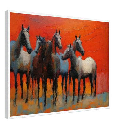 A stunning painting of a group of horses standing together against a vibrant red-orange background, showcasing their grace and strength.