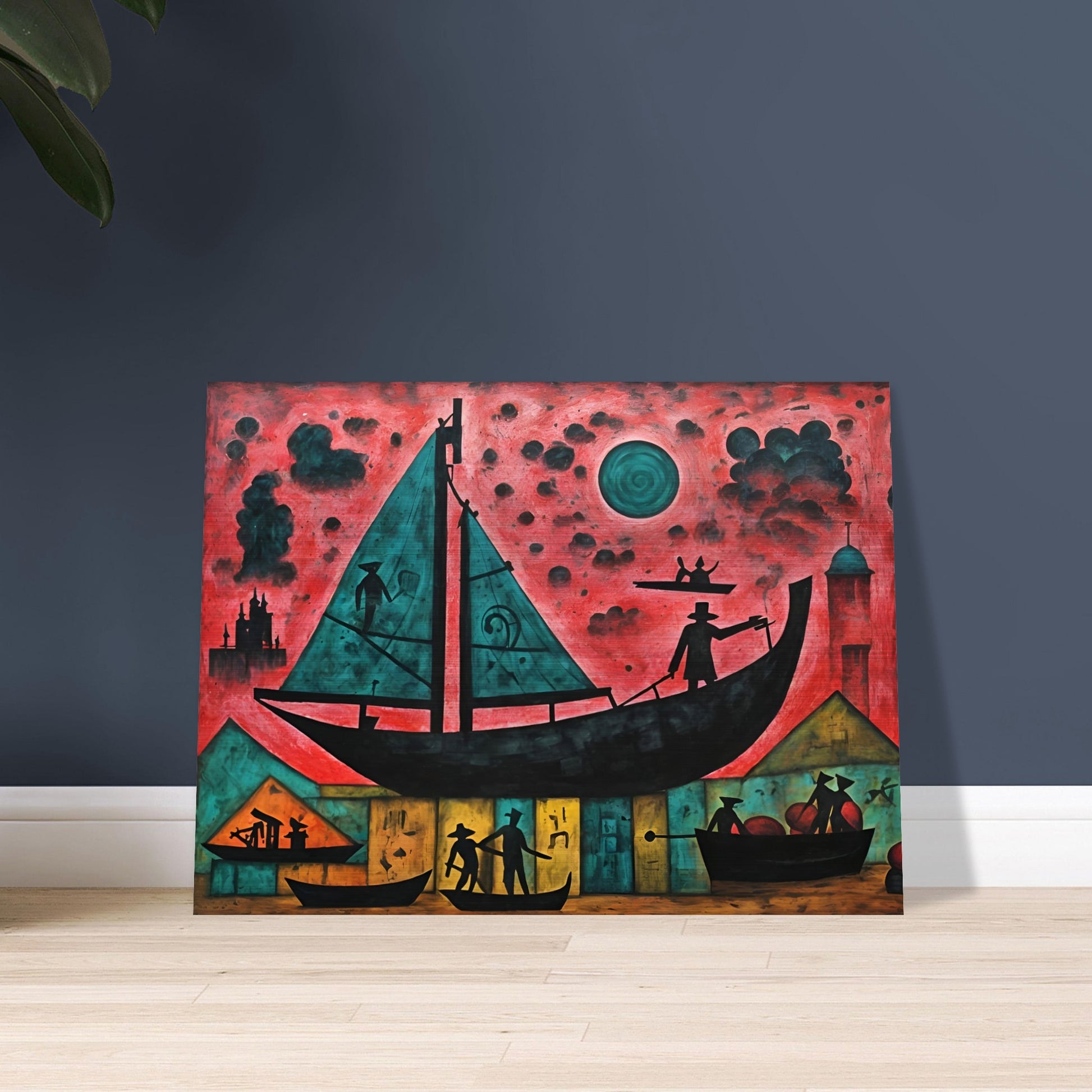 A surreal painting of silhouetted figures on boats against a red sky, featuring dark teal sails, mysterious buildings, and a glowing moon.