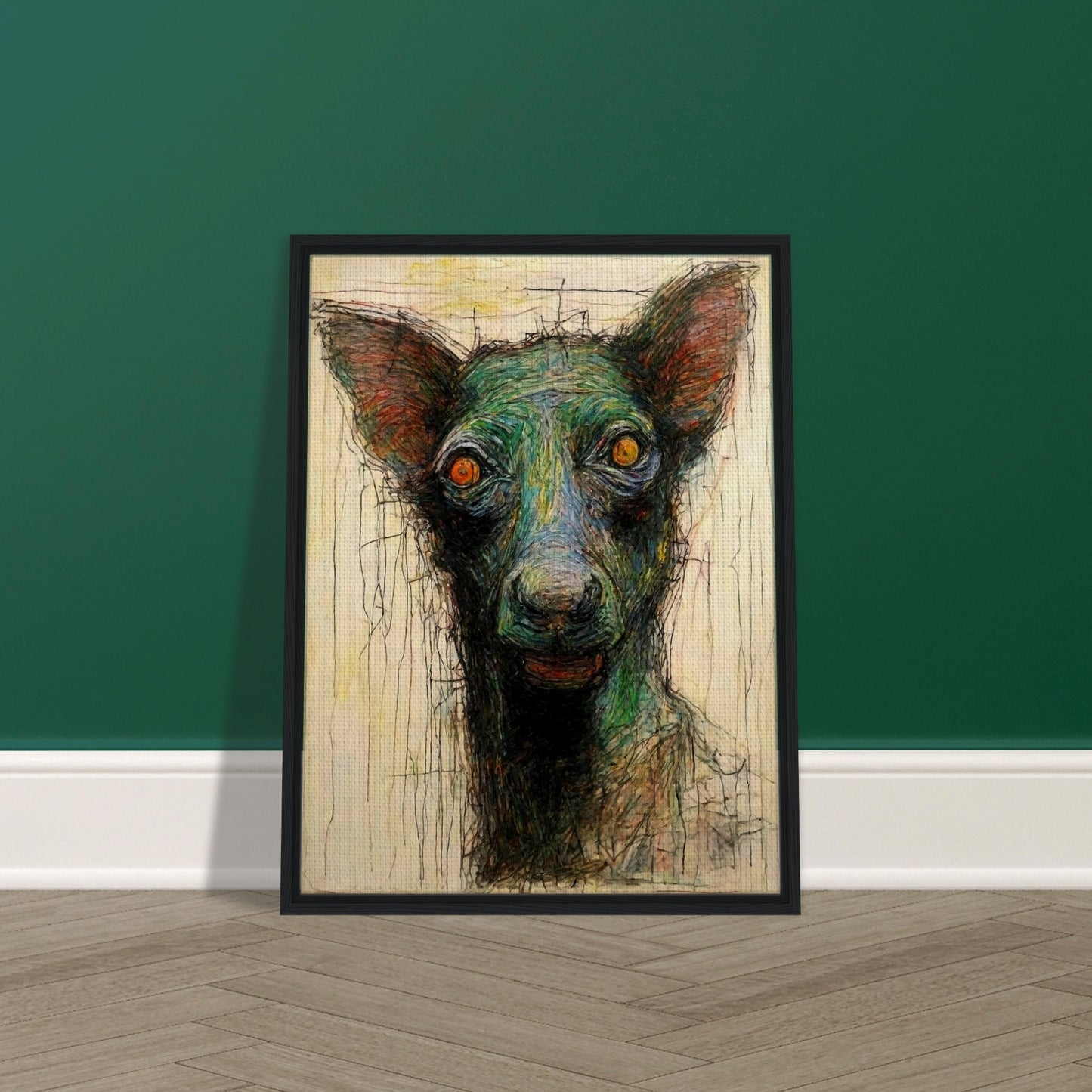 An expressive painting of a dog with piercing orange eyes, featuring textured, multicolored brushstrokes and a raw, emotional intensity.