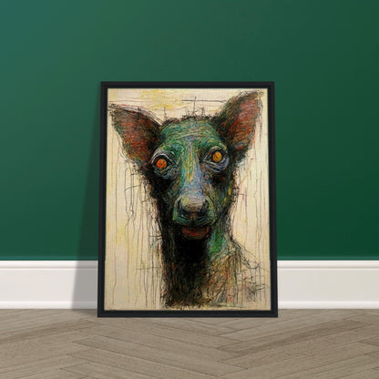 An expressive painting of a dog with piercing orange eyes, featuring textured, multicolored brushstrokes and a raw, emotional intensity.