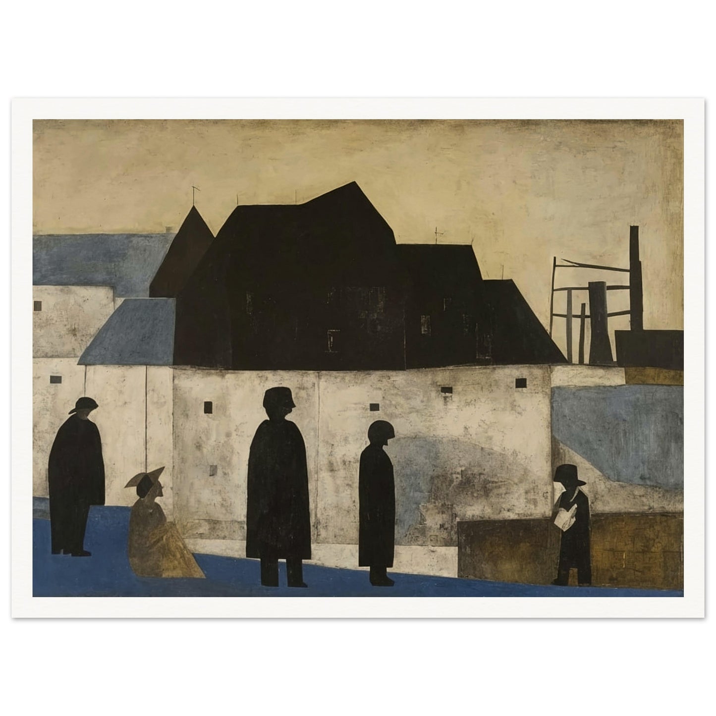 A painting of silhouetted figures in a townscape with dark buildings and industrial structures against a muted sky.