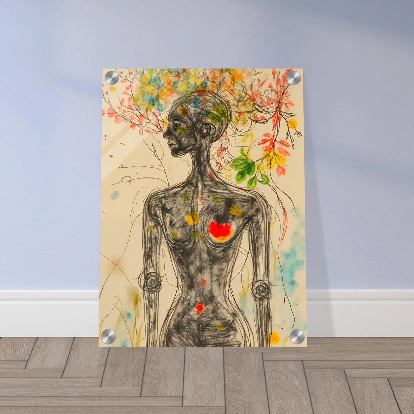 A sketched feminine figure with blooming branches and flowers rising from her head, accented by vivid splashes of color and a glowing heart.