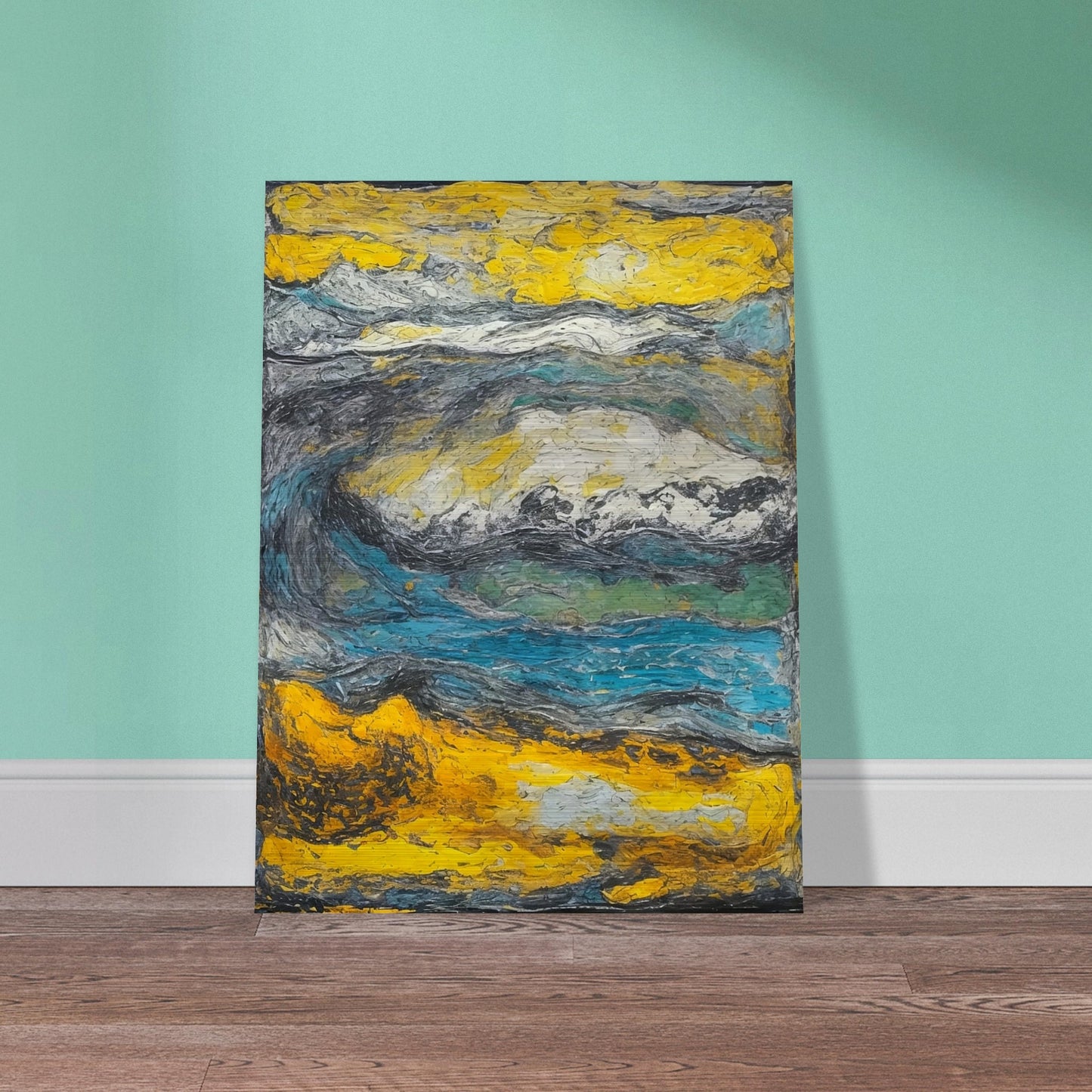 An expressive abstract painting capturing the essence of a stormy landscape with swirling colors and textures, predominantly in shades of yellow, blue, and gray. The dynamic movement and thick application of paint evoke a sense of turbulence and natural power.