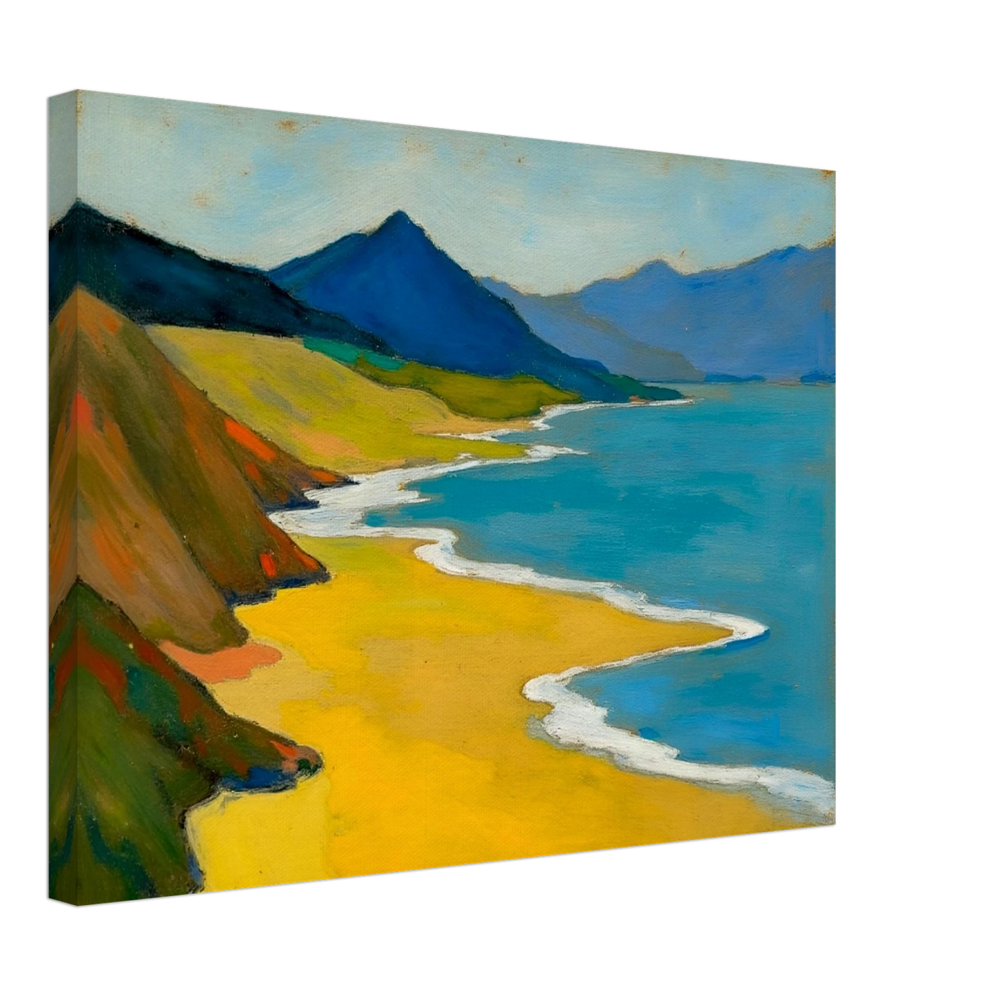 Golden shoreline curves beside turquoise water, green hills, and blue mountains under a pale sky.