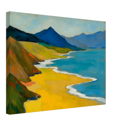 Golden shoreline curves beside turquoise water, green hills, and blue mountains under a pale sky.
