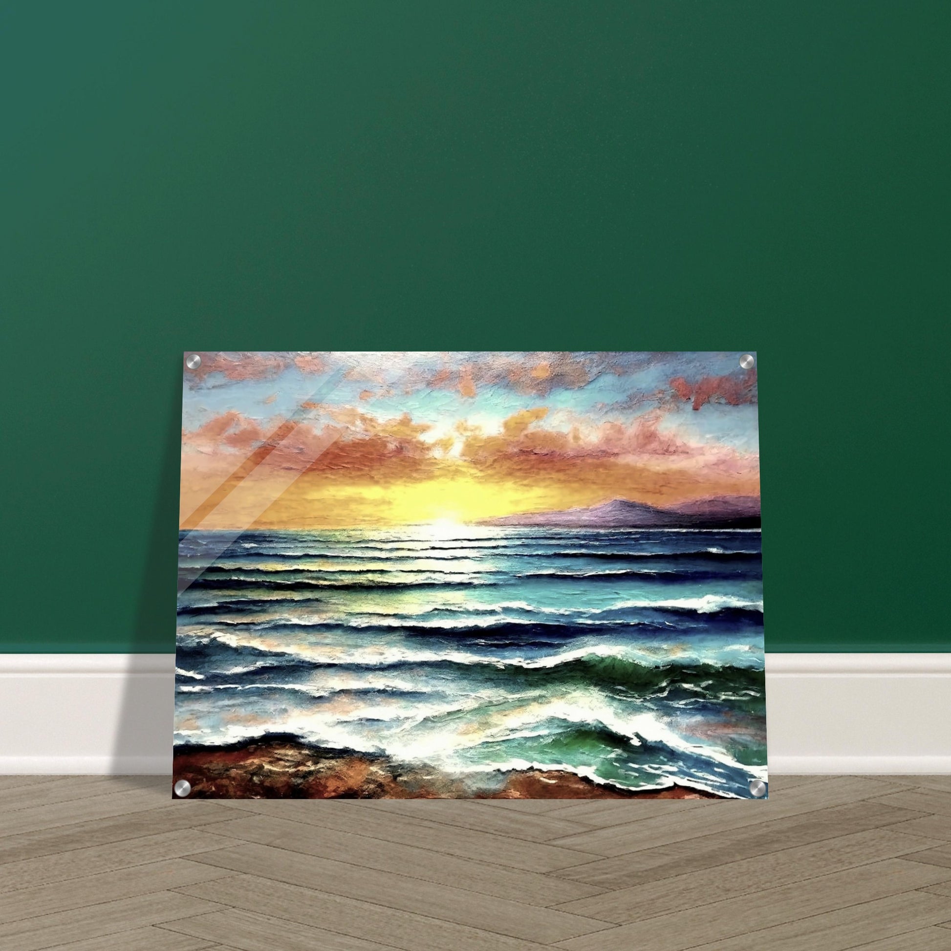 A serene view of ocean waves at sunset with a golden sky, vibrant clouds, and mountains in the distance.