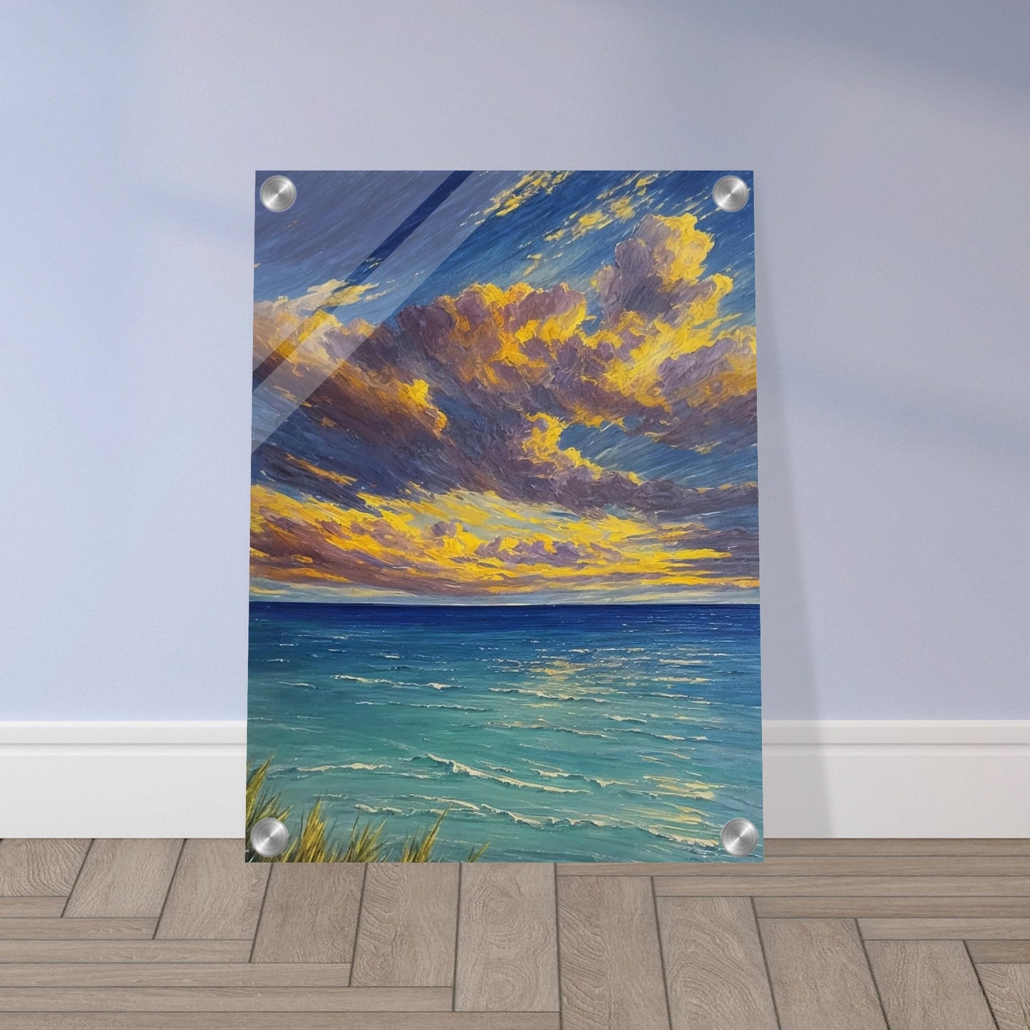 A vibrant painting of a serene ocean at sunset with dramatic clouds and golden light reflecting on the water.