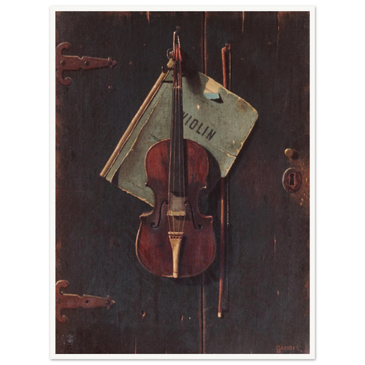 Violin and bow hang against a dark wooden door with a faded paper behind them