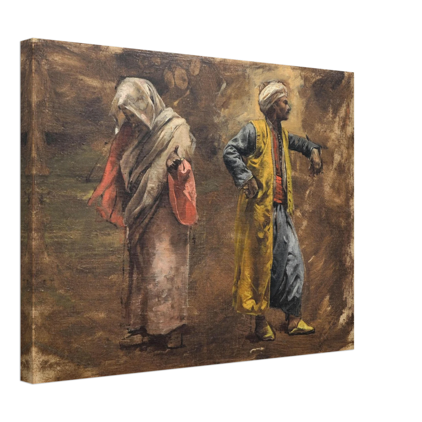 A veiled woman and turbaned man in colorful robes stand against a warm, painterly brown background.