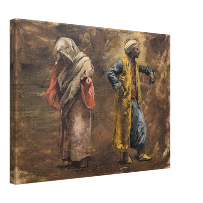 A veiled woman and turbaned man in colorful robes stand against a warm, painterly brown background.