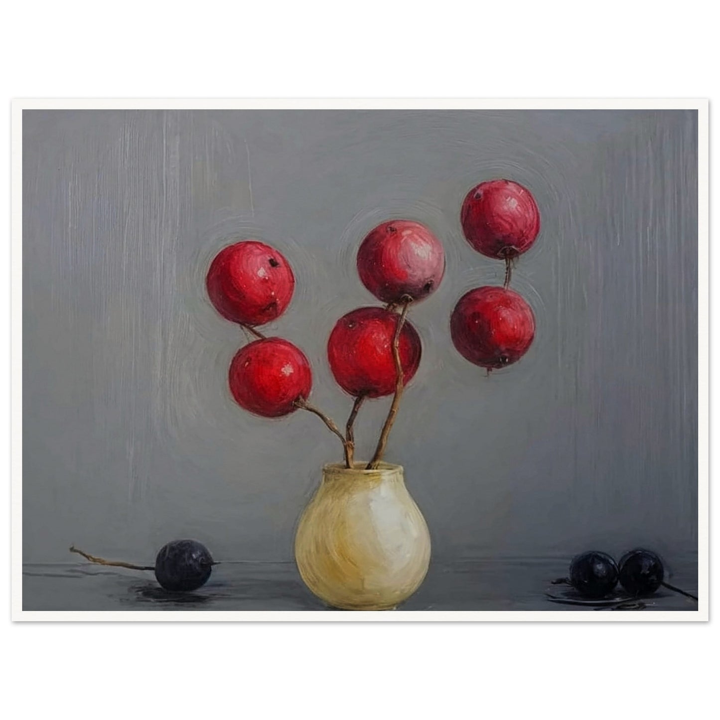 A minimalist still life painting featuring red berries arranged in a small, round vase, set against a soft gray background, with two dark berries resting on the table.