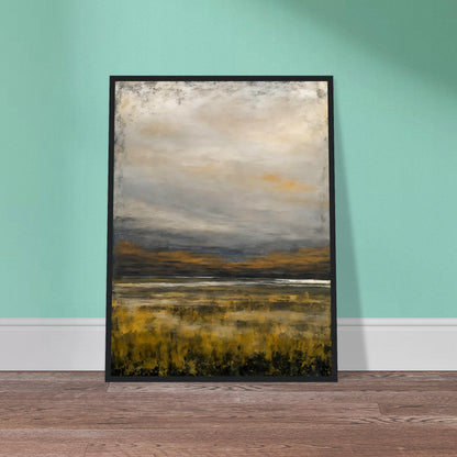 A tranquil landscape featuring golden marsh grasses beneath a vast gray sky, with distant hills and reflective water creating a calm, atmospheric scene.