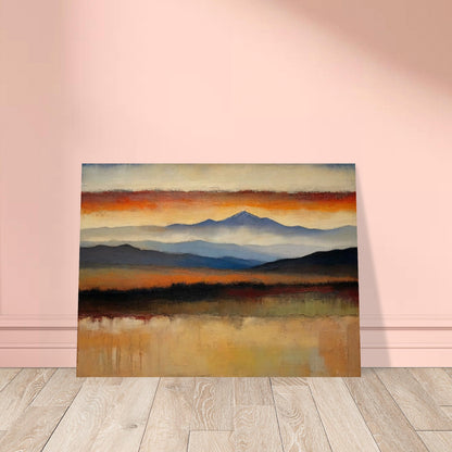 A peaceful painting of a vast landscape with layered mountains in the distance and a colorful sunset sky.