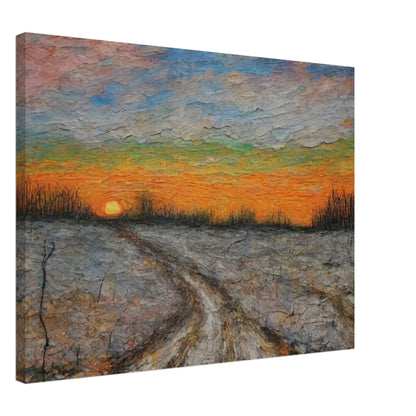 A painting of a winding dirt road at sunset, with vibrant colors filling the sky and bare trees lining the landscape.