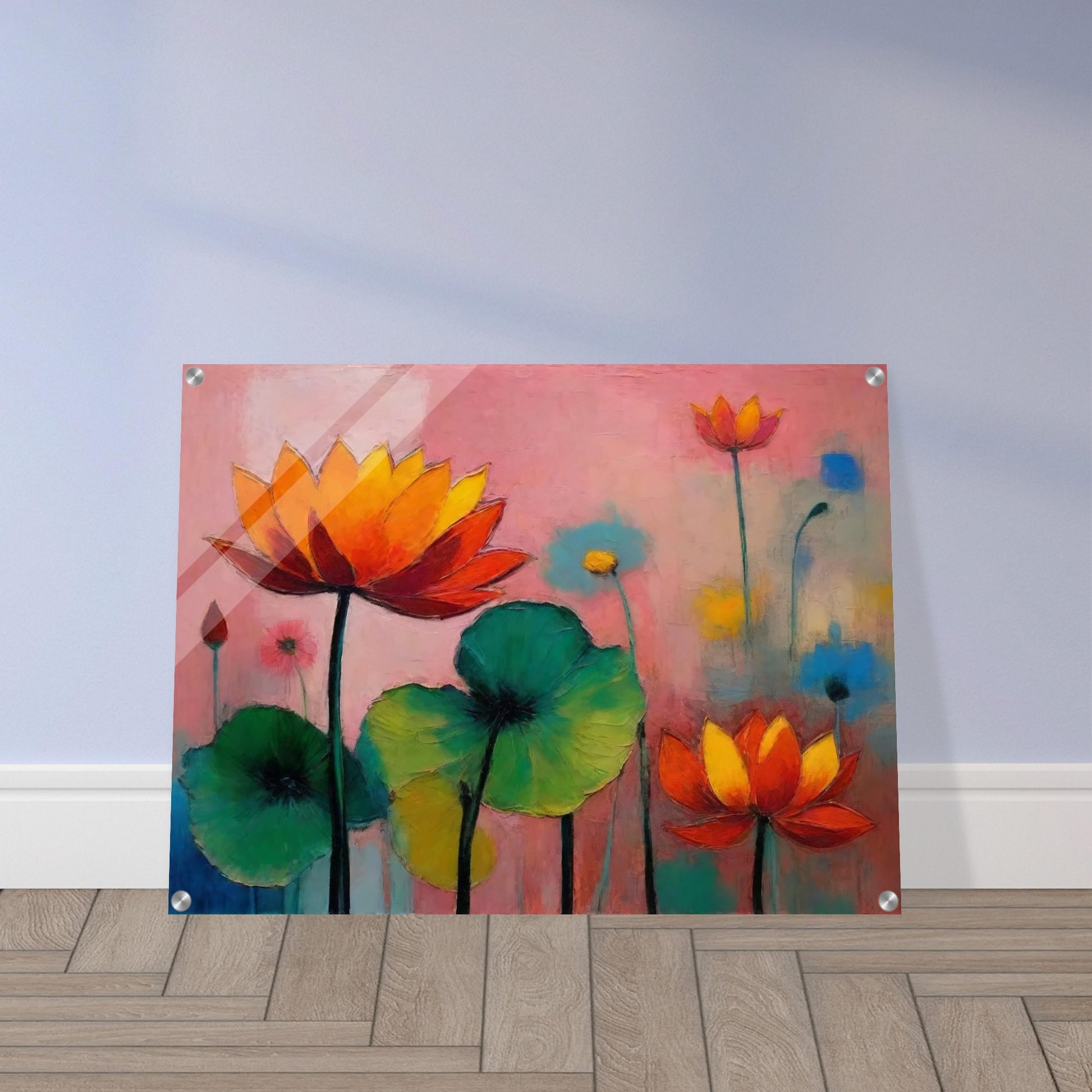 Colorful painting of blooming lotus flowers with vivid orange, red, and green hues against a soft pink and blue background.