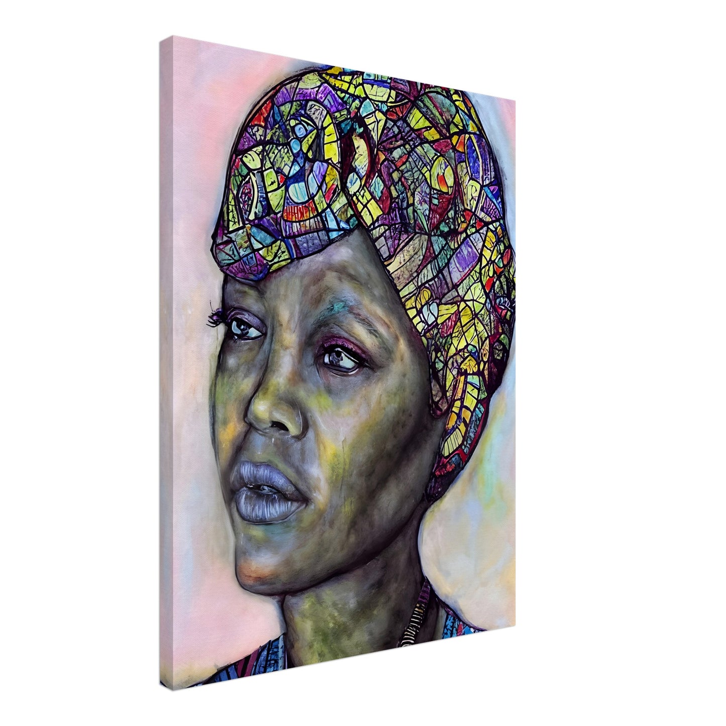 A striking portrait of a woman with a vibrant, mosaic-patterned headwrap, deep expressive eyes, and a contemplative gaze against a soft-toned background.