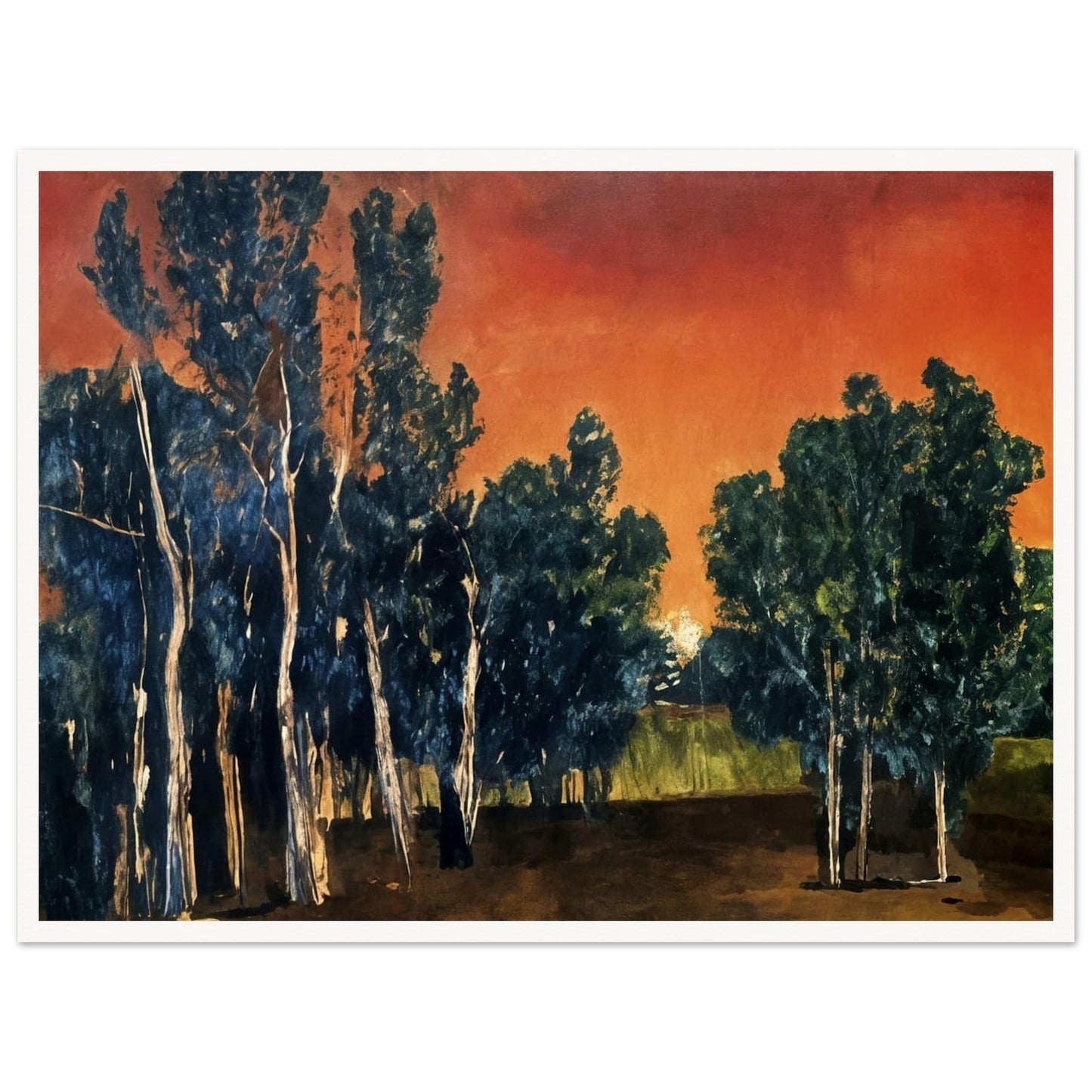 Painting of tall trees silhouetted against a vivid crimson and orange sunset, with deep green foliage and earthy tones.