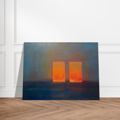 Moody blue interior with two glowing orange doorways, evoking quiet mystery, warmth, and minimalist atmospheric depth.