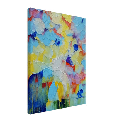 An abstract painting featuring a horse in vibrant colors with a textured, layered background. The use of bold blues, yellows, and reds creates a dynamic and whimsical scene.