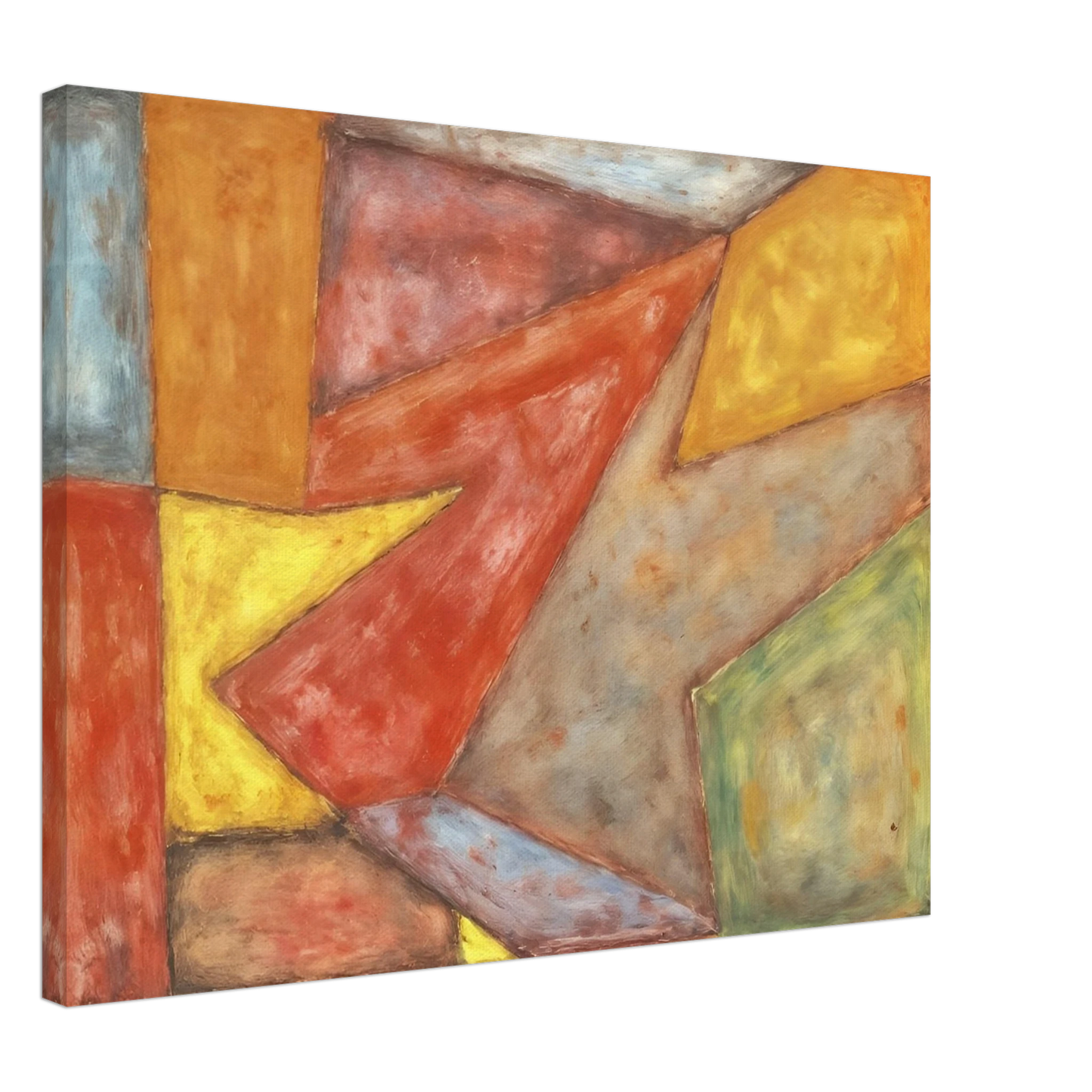 Warm red, yellow, green, and gray planes overlap in a softly textured modern composition.