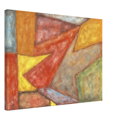 Warm red, yellow, green, and gray planes overlap in a softly textured modern composition.