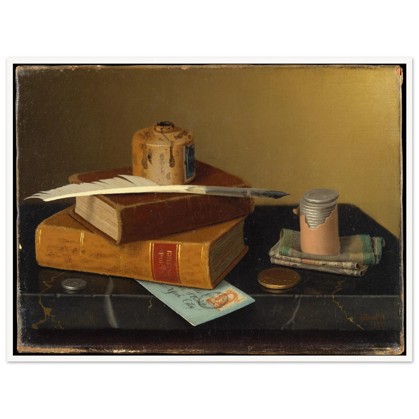 Books, quill, ink bottle, coins, and papers arranged on a polished tabletop