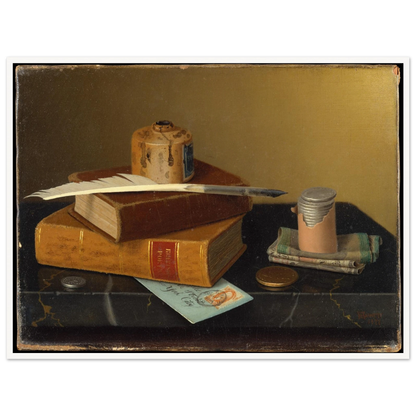 Books, quill, ink bottle, coins, and papers arranged on a polished tabletop