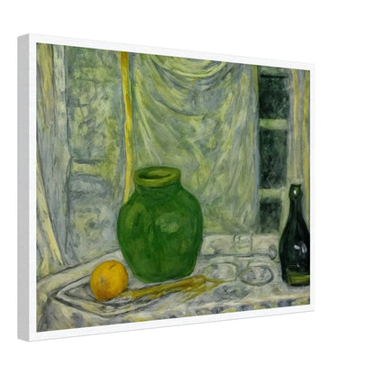 A still life painting featuring a green vase and bottle, alongside an orange on a draped table, set against a softly textured background.