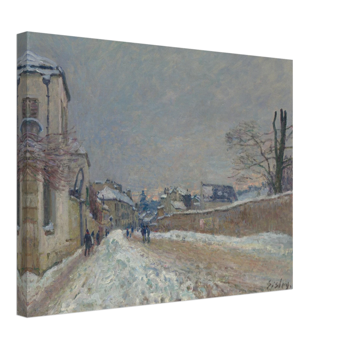 A snowy village road with figures, houses, bare trees, and soft gray winter sky.