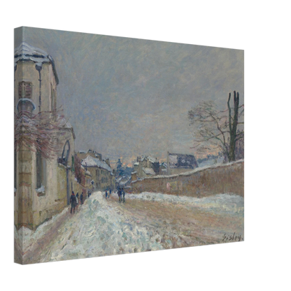 A snowy village road with figures, houses, bare trees, and soft gray winter sky.
