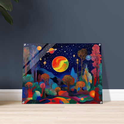 A vibrant landscape featuring trees and planets under a starry sky, with bold, bright colors creating a surreal cosmic scene.