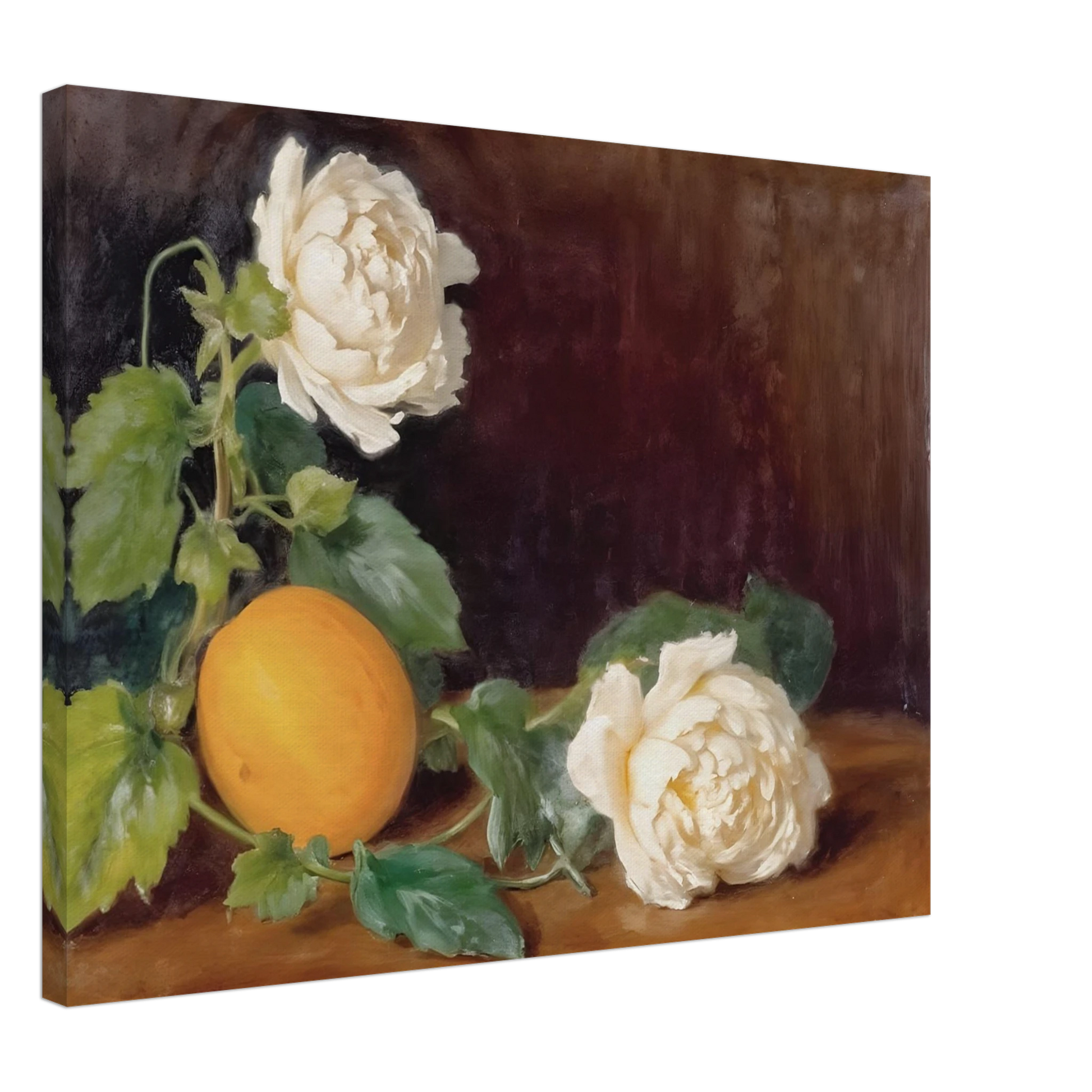 Cream roses and a golden lemon rest among lush green leaves against a rich dark backdrop with timeless elegance.