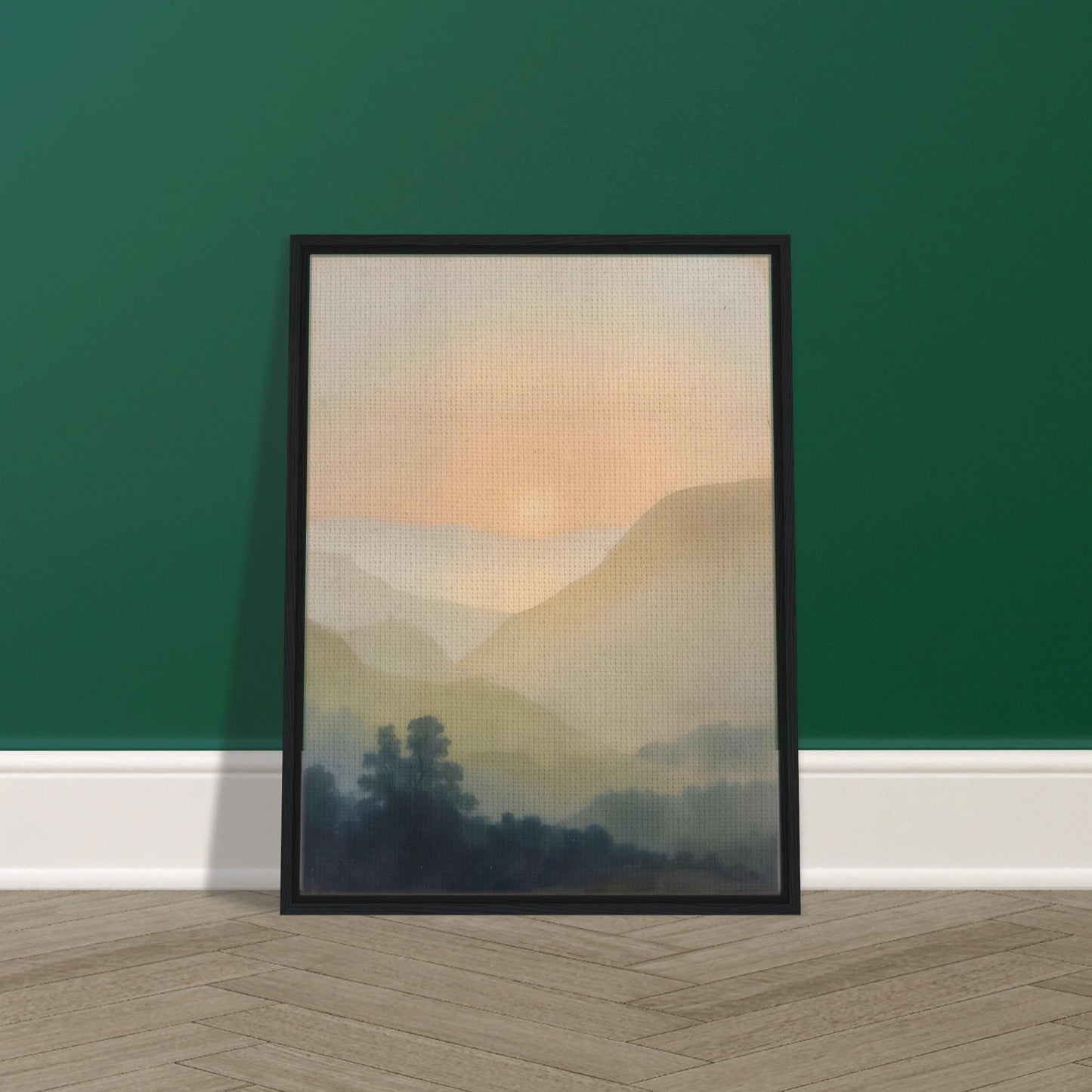Soft sunrise glows over misty layered hills and dark trees in a quiet pastel landscape.