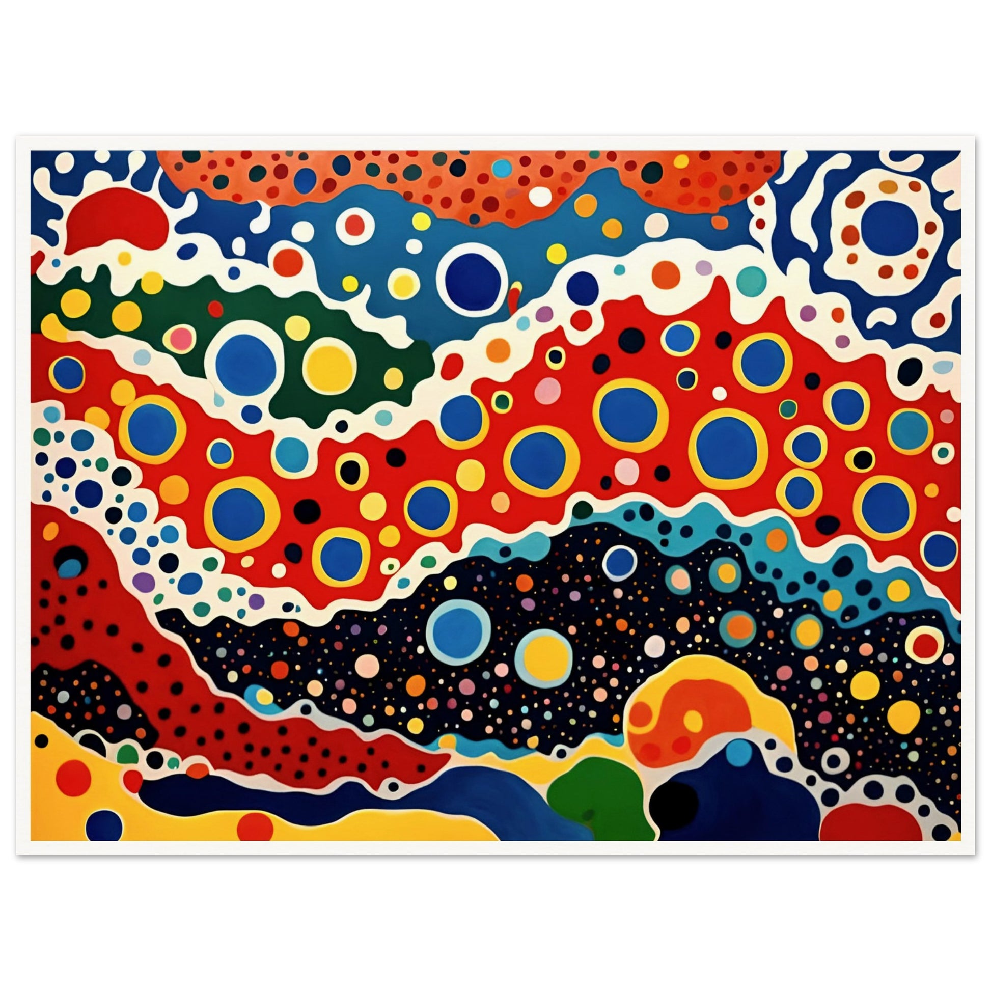 A vivid painting with bold, circular patterns and flowing waves of red, blue, yellow, and black, evoking a cosmic, energetic motion.