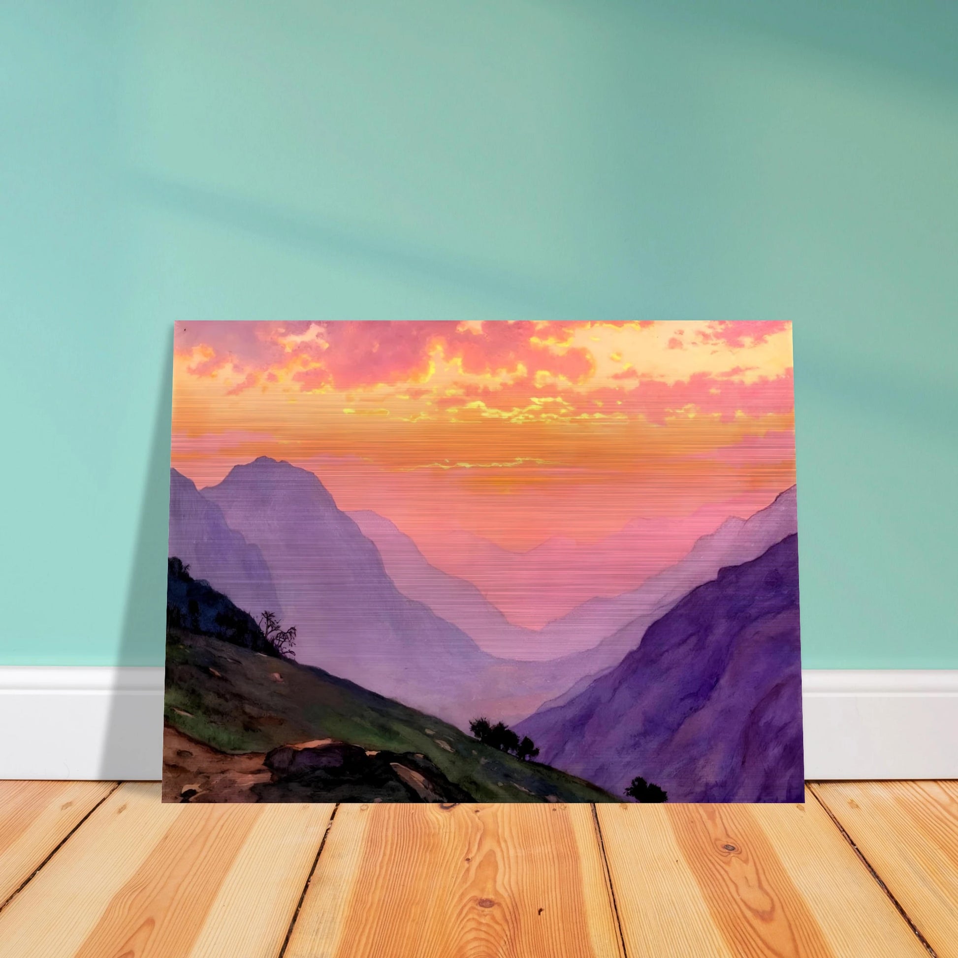 A dreamy mountain valley bathed in pink and golden sunset light, with layered violet peaks fading into the distance.