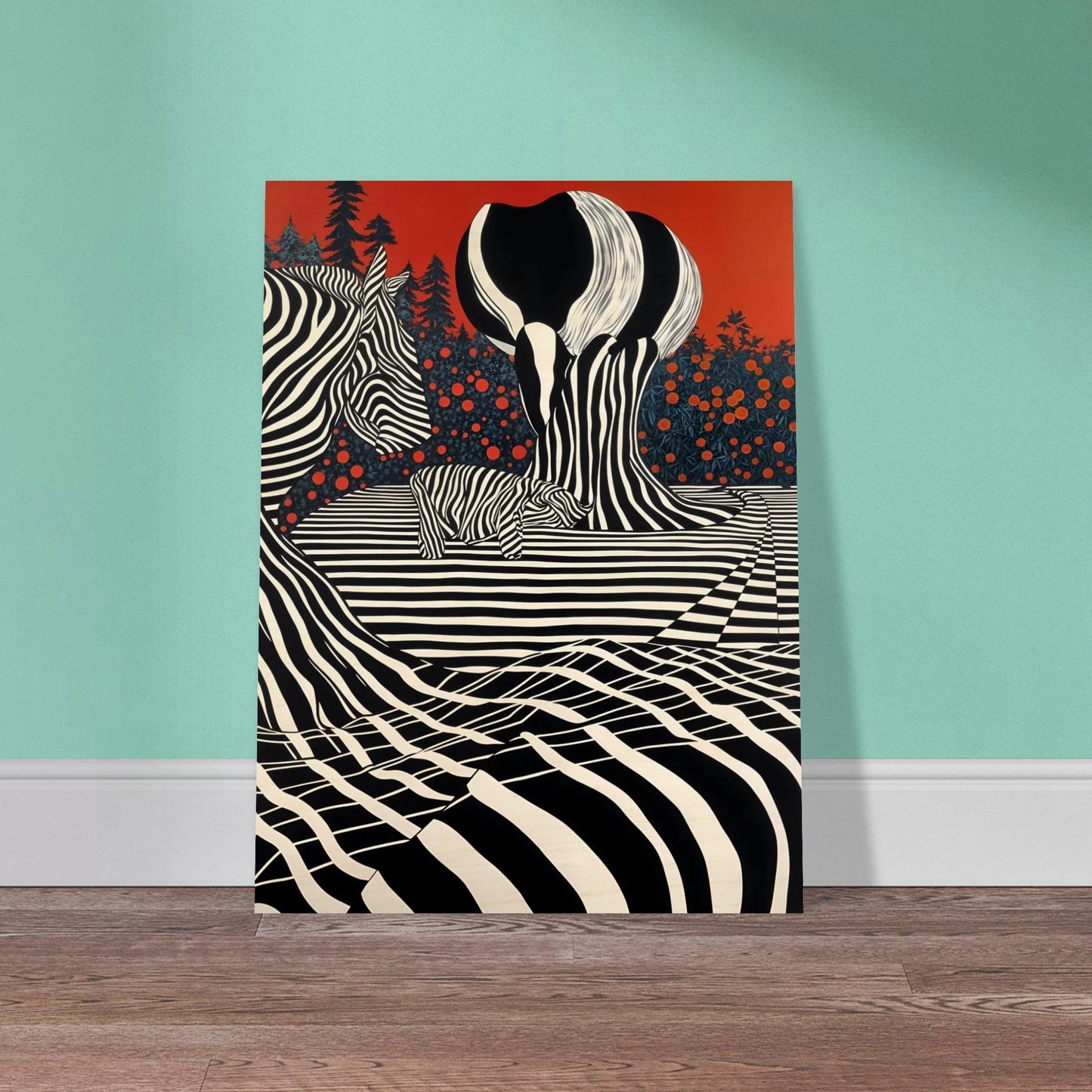 Stylized zebras and trees blend into black-and-white stripes against a deep red sky, merging nature with bold graphic art.