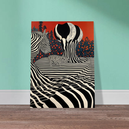 Stylized zebras and trees blend into black-and-white stripes against a deep red sky, merging nature with bold graphic art.